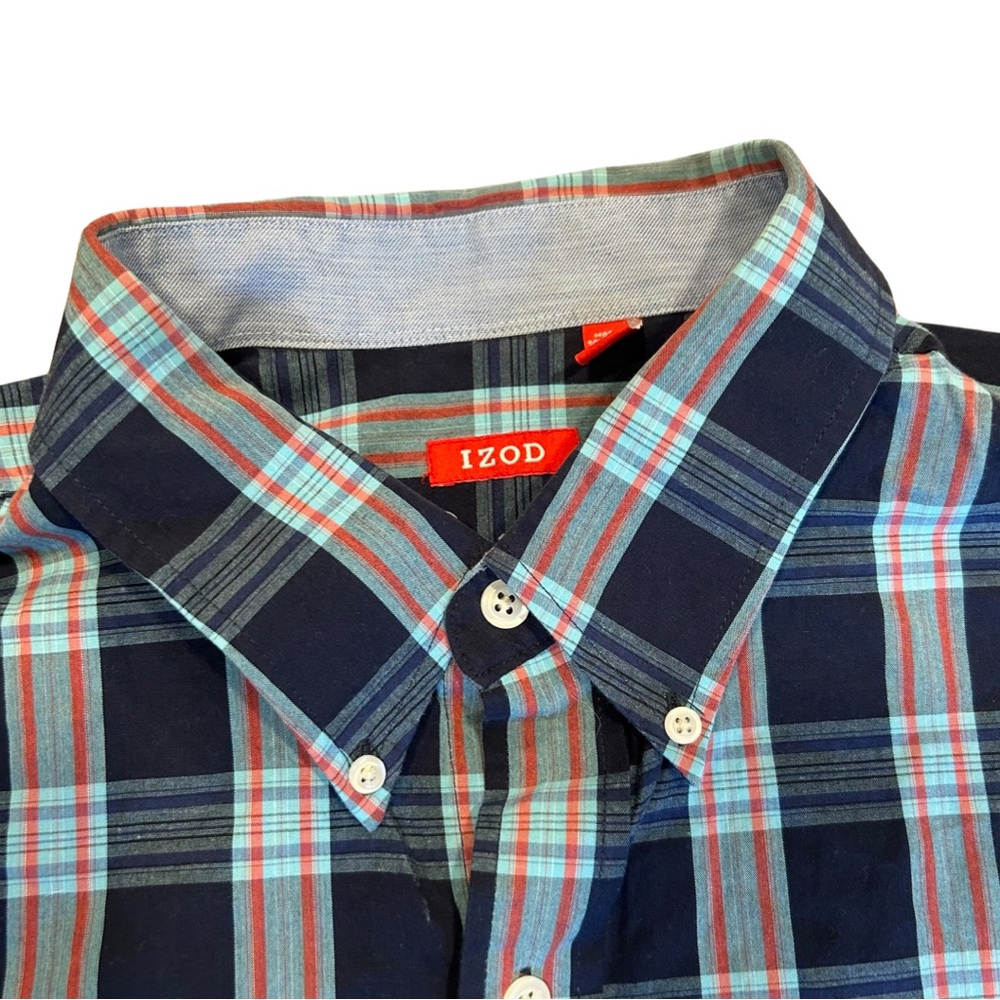 Izod Button Down Shirt 100% Cotton Long‎ Sleeve Blue/Green Check Plaid Mens 2XLT - Picture 5 of 10